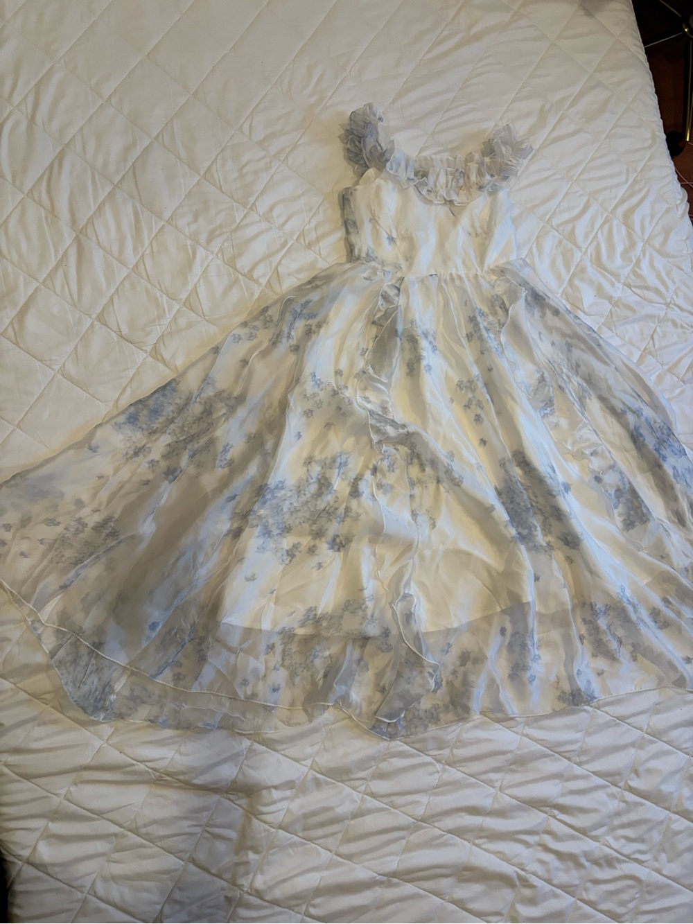 Blue & White Floral Ruffle Maxi Dress XS-S Romantic Cottagecore Princess Dress